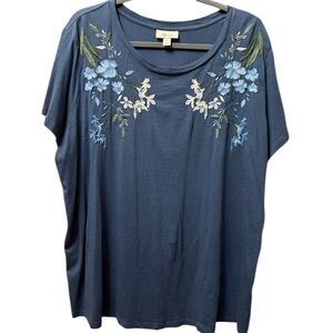 Macy’s Style & Co Plus Size Floral Embroidered Slate Blue Women's Cotton Tee 2X